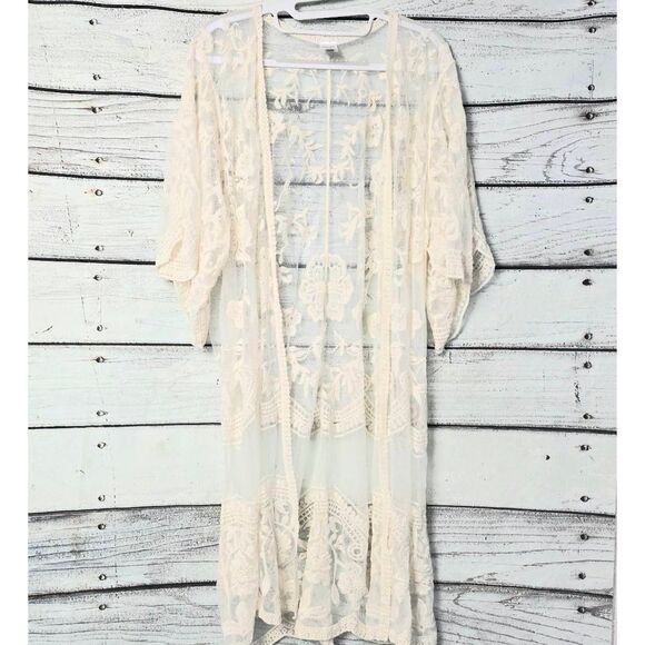 Time and Tru Cream Sheer Embroidered Kimono L/XL - Picture 1 of 8